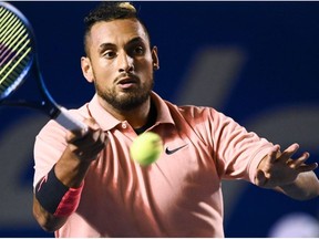 Australia's Nick Kyrgios hits the ball during his Mexico ATP Open 500 men's singles tennis match against France's Ugo Humbert in Acapulco, Guerrero State, Mexico on February 25, 2020.