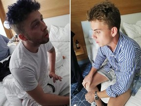 In this combo photo released by Italian police, Gabriel Christian Natale Hjorth, right, and Finnegan Lee Elder, sit in their hotel room in Rome. (Italian Carabinieri via AP)
