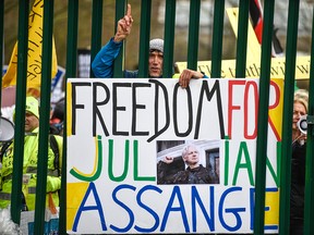 Supporters of WikiLeaks founder Julian Assange demonstrate outside Belmarsh prior to his extradition hearing on February 24, 2020 in London. (Peter Summers/Getty Images)