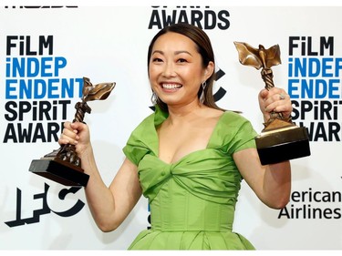 Lulu Wang poses backstage with the award for Best Feature for the film "The Farewell" and for Best Supporting Female which she accepted on behalf of Zhao Shuzhen, also for "The Farewell at the Independent Spirit Awards.  REUTERS/Lucas Jackson