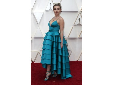 Florence Pugh poses on the red carpet at the 92nd Annual Academy Awards on Feb. 9, 2020 in Hollywood, Calif.