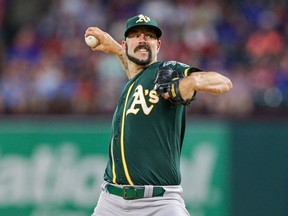 Oakland Athletics starting pitcher Mike Fiers throws against the Texas Rangers at Globe Life Park in Arlington.