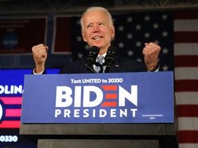 Democratic U.S. presidential candidate Joe Biden reacts on stage after declaring victory in the South Carolina presidential primary on Feb. 29, 2020, in Columbia, S.C.