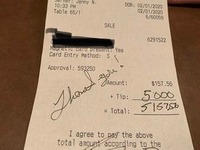 Ernie Boch Jr. left waitress Jennifer Navaria an exceptionally large tip over the weekend. (Facebook photo)
