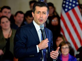 U.S. presidential candidate and former South Bend, Ind., mayor Pete Buttigieg speaks to veterans and members of the public at a town hall event at the American Legion Post 98 in Merrimack, N.H., on Feb. 6, 2020.