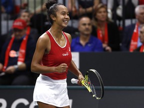 Canada's Leylah Fernandez celebrates after winning her match against Switzerland's Belinda Bencic at the Fed Cup in the Swiss Tennis Arena in Biel, Switzerland, Feb. 8, 2020. (Peter Klaunzer/Keystone via AP)