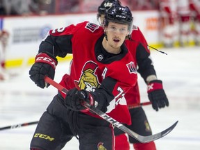 Thomas Chabot warms up before the Ottawa Senators take on the Detroit Red Wings at the Canadian Tire Centre on Saturday, Feb. 29, 2020.