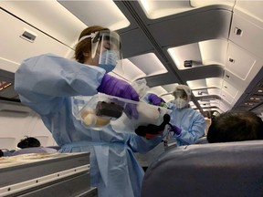 Flight attendants wearing protective clothing and masks serve snacks to Canadians, who had been evacuated from China due to the outbreak of novel Coronavirus on an American charter plane, on another aircraft taking them to Canadian Forces Base (CFB) Trenton, from Vancouver International Airport in Richmond, B.C., Feb. 7, 2020.  (Courtesy of Edward Wang via REUTERS)