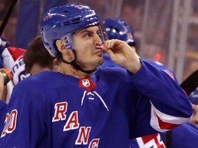 Chris Kreider of the New York Rangers takes in some smelling salts prior to the game against the Boston Bruins at Madison Square Garden on February 16, 2020 in New York. (Bruce Bennett/Getty Images)