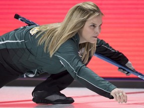 Team Wild Card skip Jennifer Jones calls her shot during draw 16 against team Canada at the Scotties Tournament of Hearts in Moose Jaw, Sask., Thursday, February 20, 2020.