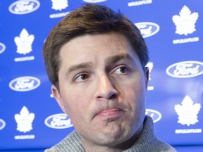 Maple Leafs GM Kyle Dubas speaks with reporters at the team's practice facility in Etobicoke, Ont., on Thursday, Feb. 6, 2020.