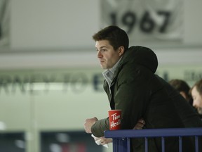 Toronto Maple Leafs general manager Kyle Dubas watches a recent practice. (Jack Boland/Toronto Sun)