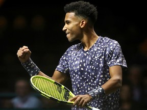 Felix Auger Aliassime of Canada celebrates his victory over Jan-Lennard Struff of Germany during the ABN AMRO World Tennis Tournament at Rotterdam Ahoy on February 11, 2020 in Rotterdam. (Dean Mouhtaropoulos/Getty Images)