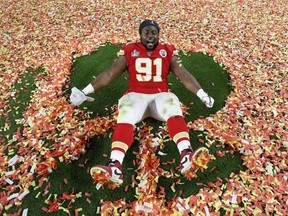 Kansas City Chiefs' Derrick Nnadi celebrates after winning the Super Bowl LIV.