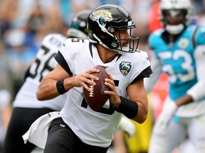 Jaguars QB Gardner Minshew runs with the ball against the Panthers at Bank of America Stadium in Charlotte, N.C., on Oct. 6, 2019.