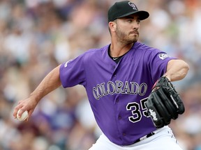 Pitcher Chad Bettis of the Colorado Rockies throws in the sixth inning against the Los Angeles Dodgers at Coors Field on June 30, 2019 in Denver, Colo. (Matthew Stockman/Getty Images)