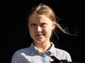 Swedish climate activist Greta Thunberg speaks to the crowd of protesters during the global climate strike in Montreal, Canada, on September 27 2019.