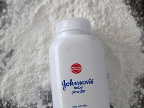 In this photo illustration, a container of Johnson's baby powder made by Johnson and Johnson sits on a table on October 18, 2019 in San Anselmo, Calif. (Photo Illustration by Justin Sullivan/Getty Images)