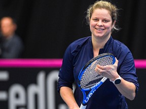 Belgian tennis player Kim Clijsters attends a training session of the Belgian tennis national team in preparation of the Fed Cup Qualifiers first round between Belgium and Kazakhstan, February 4, 2020 in Kortrijk. (LAURIE DIEFFEMBACQ/BELGA/AFP via Getty Images)