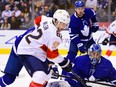 Florida Panthers centre Denis Malgin (62) moves in on Toronto Maple Leafs goaltender Frederik Andersen (31) during first period NHL hockey action in Toronto, Feb. 3, 2020. The Leafs traded for Malgin on Feb. 19. THE CANADIAN PRESS/Frank Gunn ORG XMIT: FNG506