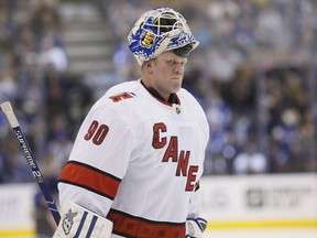 Carolina Hurricanes emergency goaltender David Ayres during a break in the action against the Toronto Maple Leafs at Scotiabank Arena. Carolina defeated Toronto.