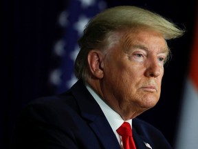 U.S. President Donald Trump looks on during a news conference in New Delhi, India, February 25, 2020.