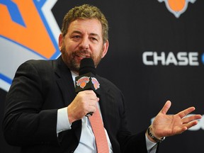 New York Knicks boss James Dolan talks to the media  at Madison Square Garden on March 18, 2014 in New York. (Maddie Meyer/Getty Images)