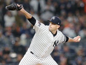 New York Yankees starting pitcher James Paxton pitches against the Houston Astros during Game 5 of the 2019 ALCS at Yankee Stadium. (Brad Penner-USA TODAY Sports)