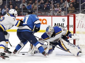 St. Louis Blues goaltender Jordan Binnington blocks a shot from Winnipeg Jets left wing Kyle Connor at Bell MTS Place last night. USA TODAY