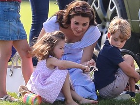 Catherine, Duchess of Cambridge, accompanied by Prince George and Princess Charlotte, attends the Maserati Polo match at Beaufort Polo Club in Gloucestershire, Britain, June 10, 2019. (John Rainford/WENN.com)