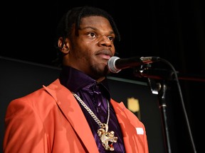 Baltimore Ravens quarterback Lamar Jackson speaks to the media after receiving the Most Valuable Player award at Adrienne Arsht Center. (Jasen Vinlove-USA TODAY Sports)