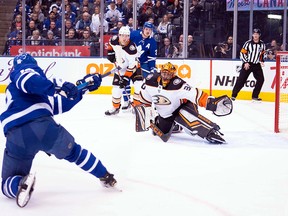Toronto Maple Leafs left wing Andreas Johnsson scores a goal on Anaheim Ducks goaltender Ryan Miller during the first period at Scotiabank Arena in Toronto on Friday, Feb. 7, 2020.