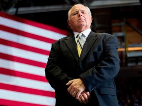 In this Nov. 5, 2018, file photo, U.S. radio talk show host and conservative political commentator Rush Limbaugh looks on before introducing U.S. President Donald Trump to deliver remarks at a Make America Great Again rally in Cape Girardeau, Mo.