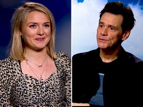Charlotte Long (L) reacts to Jim Carrey saying she's the only thing left on his bucket list during a Heat magazine interview.
