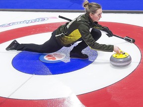 Northern Ontario skip, Krista McCarville makes a shot during draw 12 against team Alberta at the Scotties Tournament of Hearts in Moose Jaw, Sask., Wednesday, February 19, 2020. THE CANADIAN PRESS/Jonathan Hayward ORG XMIT: JOHV129