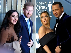 Meghan Markle and Prince Harry, left, and Jennifer Lopez and Alex Rodriguez. (Getty Images)