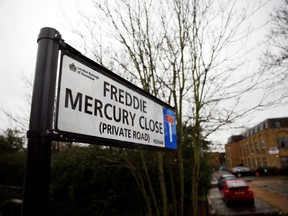 The unveiled sign to rename a street in Feltham "Freddie Mercury Close" is seen in Greater London, Britain, February 24, 2020. (REUTERS/Henry Nicholls)
