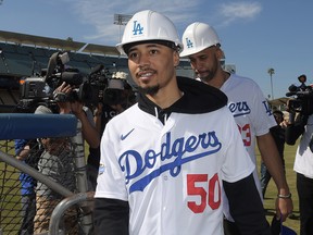 Newly acquired Los Angeles Dodgers players Mookie Betts (50) and David Price tour Dodger Stadium after a press conference in Los Angeles. (Kirby Lee-USA TODAY Sports)