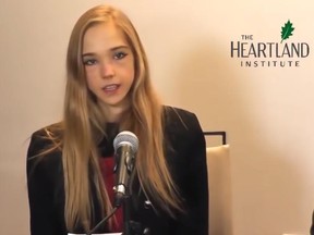 Climate skeptic Naomi Seibt speaks at a U.N. climate conference in Madrid, Spain, last December.