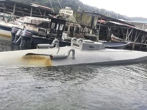 This photo released by Panama's National Aeronaval Service (SENAN) show a "submarine" seized by the Air Naval Service of Panama carrying 5 tons of cocaine in the northern region of the Bocas del Toro Province, on February 19, 2020. (National Aeronaval Serv/AFP via Getty Images)