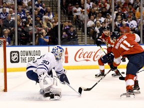 Florida Panthers winger Jonathan Huberdeau scores on Maple Leafs goaltender Michael Hutchinson on Jan. 12 in Sunrise, Fla. The Panthers won the game 8-4. (Douglas DeFelice/USA TODAY Sports)