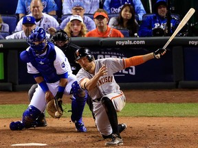 Hunter Pence of the San Francisco Giants bats against the Kansas City Royals during Game 2 of the 2014 World Series at Kauffman Stadium on Oct. 22, 2014 in Kansas City, Mo.
