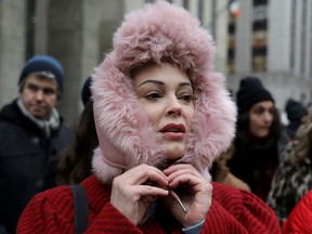 Rose McGowan arrives to speak to reporters outside New York Criminal Court on the first day of film producer Harvey Weinstein's sexual assault trial in the Manhattan borough of New York City, New York, U.S., January 6, 2020.