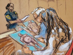 Photos are passed around to the jury during film producer Harvey Weinstein's sexual assault trial at New York Criminal Court in the Manhattan borough of New York City, New York City, Feb. 4, 2020, in this courtroom sketch.