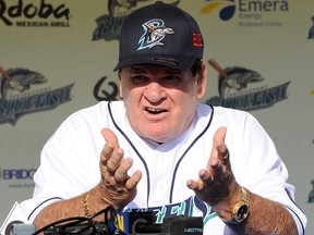 Former Major League Baseball player Pete Rose speaks at a press conference prior to managing the Bridgeport Bluefish against the Lancaster Barnstormers at The Ballpark at Harbor Yard on June 16, 2014 in Bridgeport, Connecticut. (Christopher Pasatieri/Getty Images)