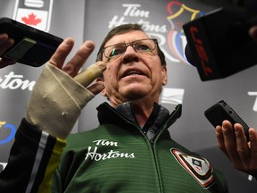 Team Northern Ontario coach Rick Lang talks to reporters at the Brier in Kingston, Ont., on Saturday, Feb. 29, 2020.