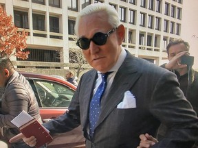 Roger Stone, former campaign adviser to U.S. President Donald Trump, departs after he was found guilty on seven criminal counts in his trial on charges of lying to Congress, obstructing justice and witness tampering in this still image taken from video at U.S. District Court in Washington, D.C., on Nov. 15, 2019.