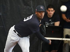 New York Yankees starting pitcher Luis Severino (40) throws a bullpen session during spring training at George M. Steinbrenner Field. ( Kim Klement-USA TODAY Sports)