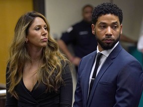 Jussie Smollett attends Leighton Criminal Court with his attorney Tina Glandian on March 14, 2019, in Chicago.
