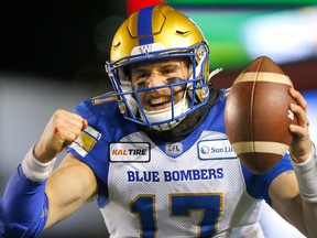 Winnipeg Blue Bombers QB Chris Streveler celebrates a TD pass in first half action against the Hamilton Tiger Cats at McMahon stadium during the 107th Grey Cup in Calgary on Sunday, Nov. 24, 2019.